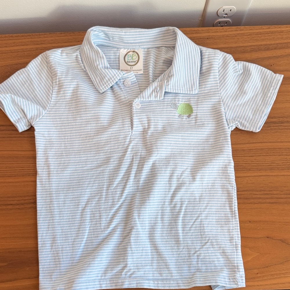 Blue Striped Kids Polo Shirt with Turtle